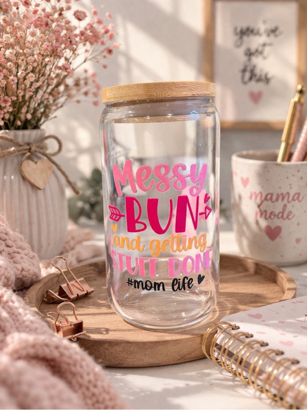 Messy Bun Mom Life Glass Cup w/ Bamboo Lid